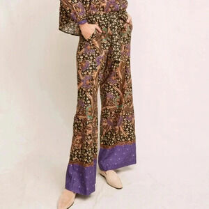 Warm Pickford Wide Leg Pants Boho Floral Paisely Black Purple Tan 100% Cotton 0